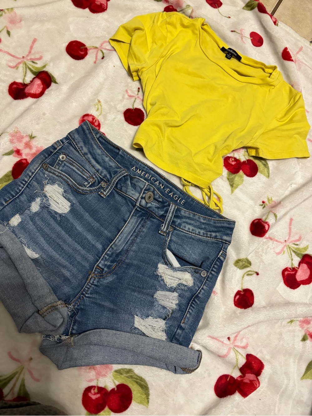 American Eagle Outfitters Bright Yellow Ruched Tie Crop Top